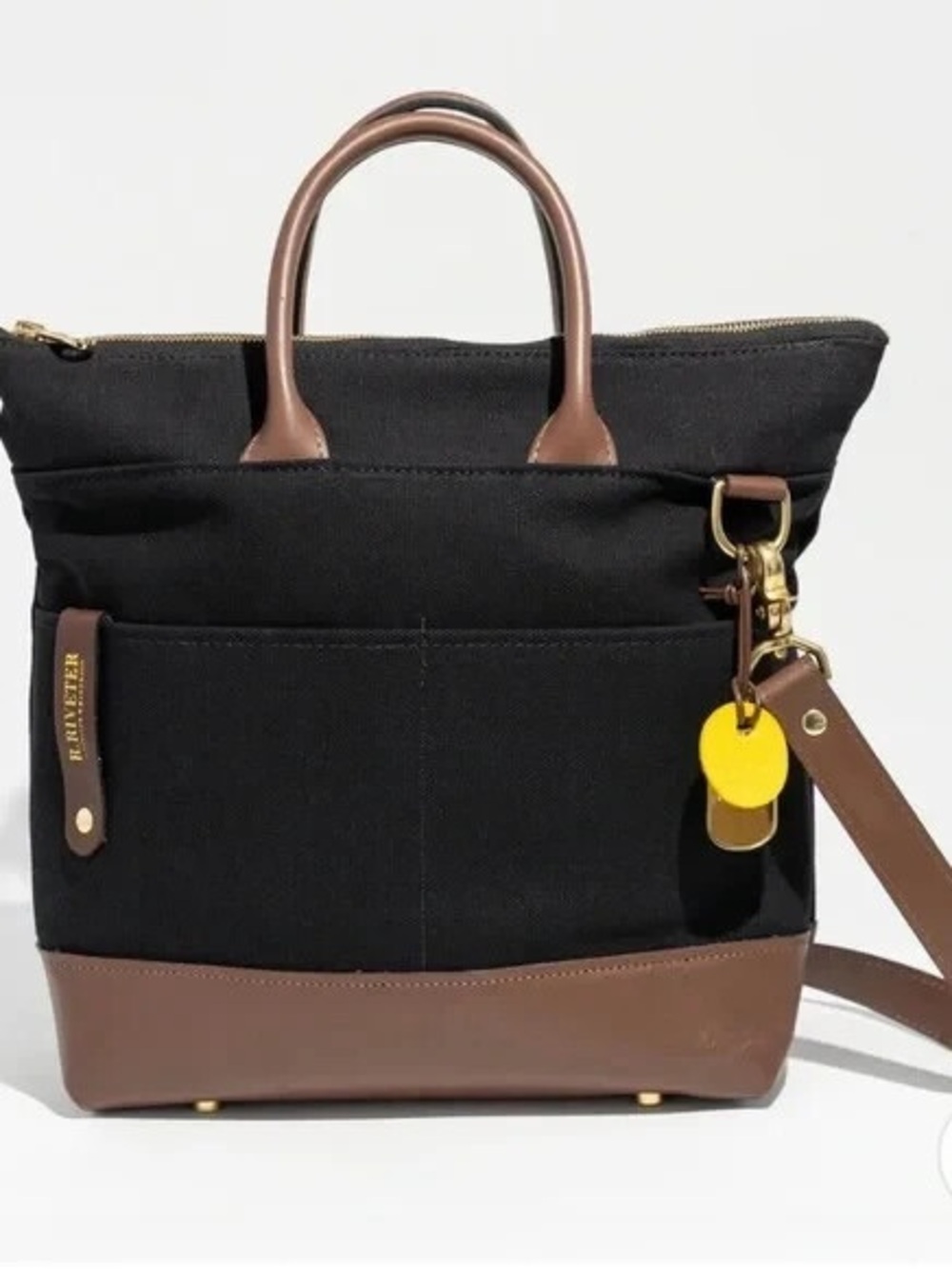 R. Riveter Otto Signature Black Canvas Brown Leather Iconic Bag Crossbody Strap